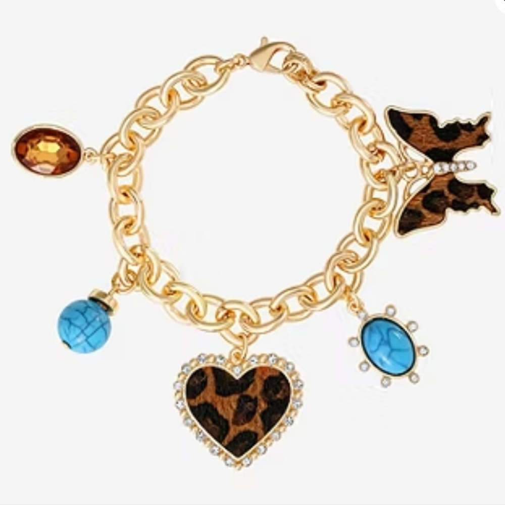 Jessica Simpson Gold Leopard Butterfly Heart Charm Bracelet